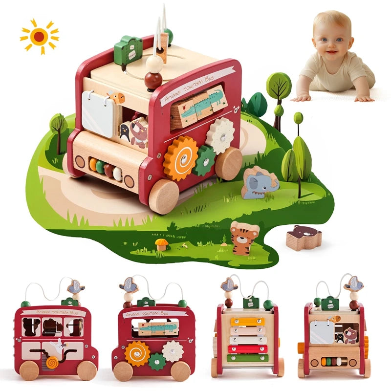 Ônibus de turismo Montessori. Brinquedo sensorial de madeira